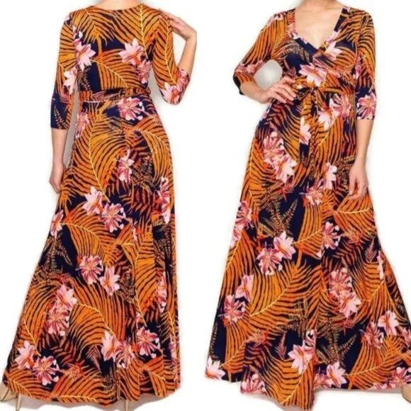 Janette Fashion Orange Palm Leaves Floral Faux Wrap 3/4 Sleeve Long Maxi Dress - Picture 1 of 4